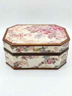 Vintage Victorias Secret Octagonal Wooden Jewelry Box with Floral Fabric Lid